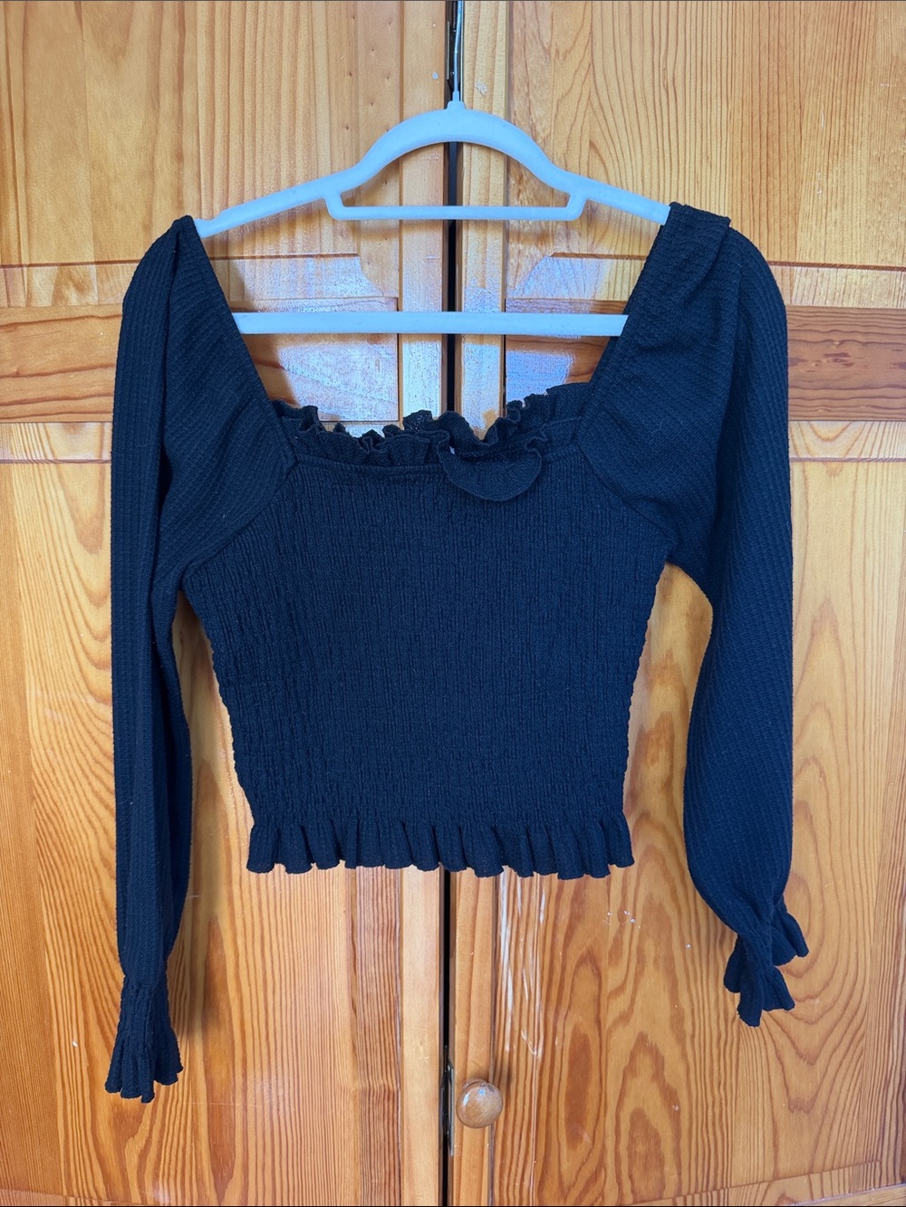 Black Long-Sleeve Smocked Square-Neck Top - Women